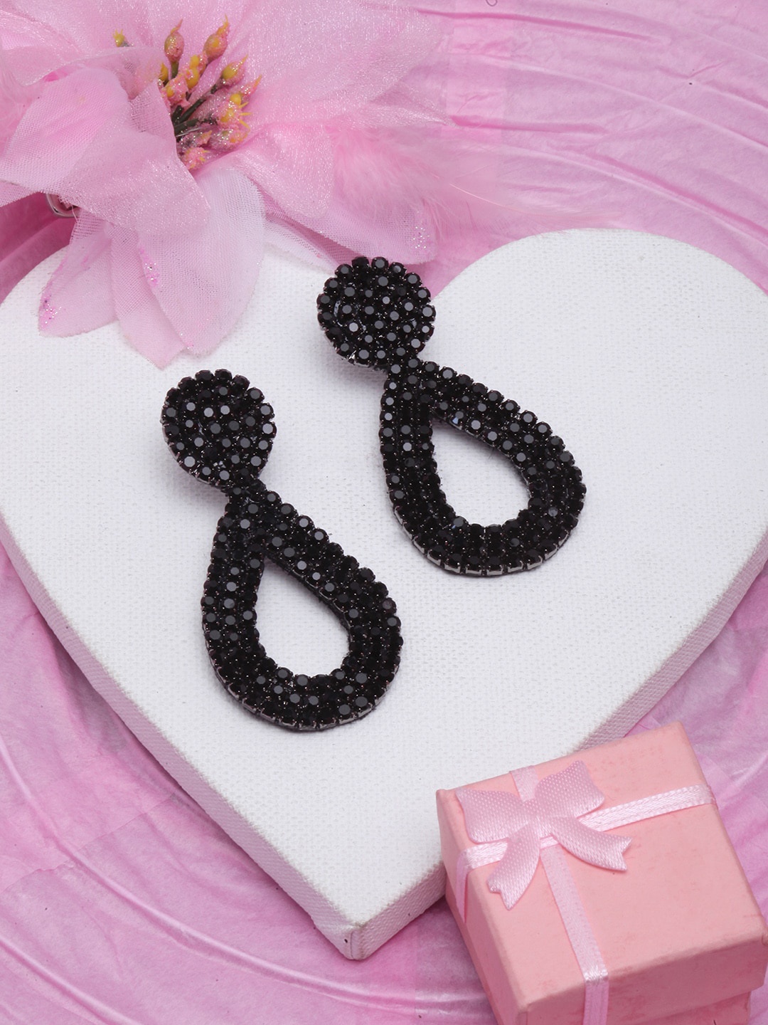

Sangria Black-Plated Rhinestone Studded Teardrop Shaped Drop Earrings