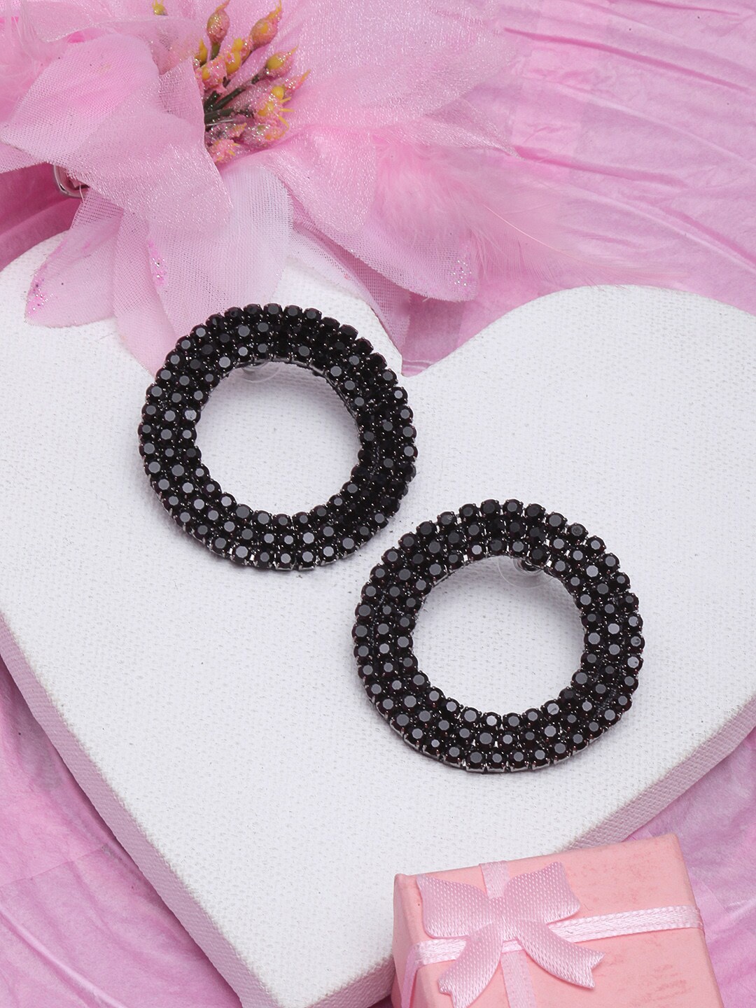 

Sangria Black-Plated Rhinestone Studded Circular Shaped Drop Earrings