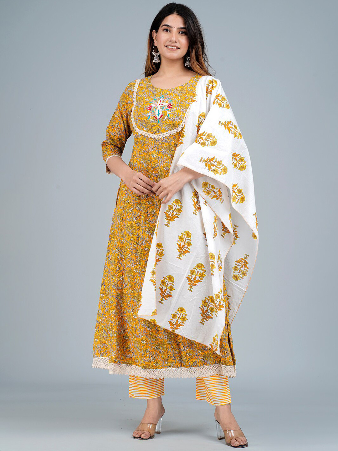 

KALINI Ethnic Motifs Print Thread Work Kurta with Trousers & Dupatta, Mustard