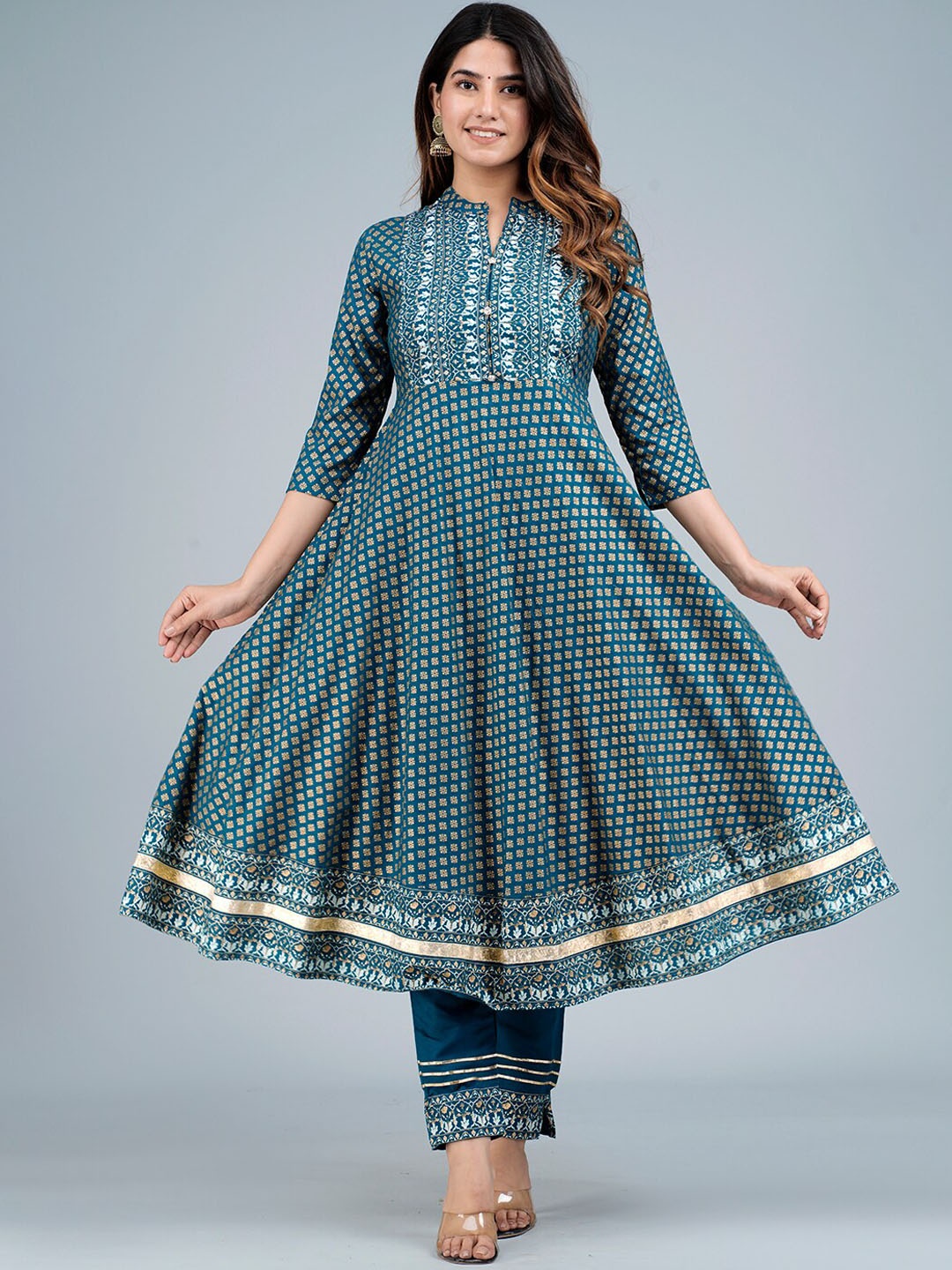 

KALINI Mandarin Collar Ethnic Motifs Mirror Work Anarkali Kurta With Trousers & Dupatta, Blue