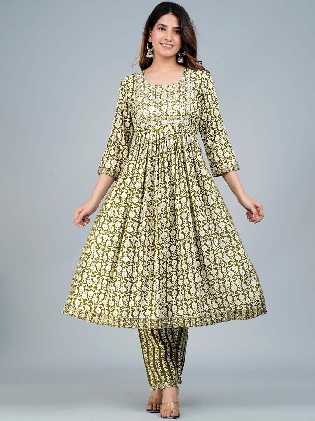 

KALINI Floral Printed Sequined Kurta with Trousers & Dupatta, Olive
