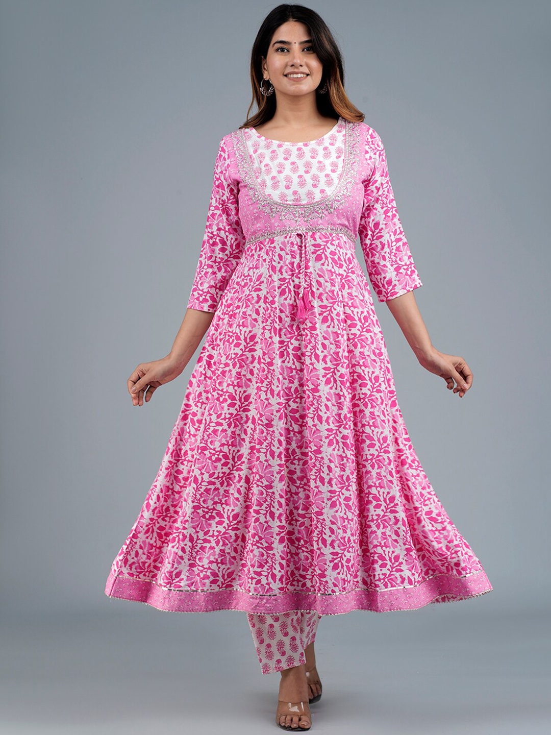 

KALINI Round Neck Floral Printed Thread Work Anarkali Kurta With Trousers & Dupatta, Pink