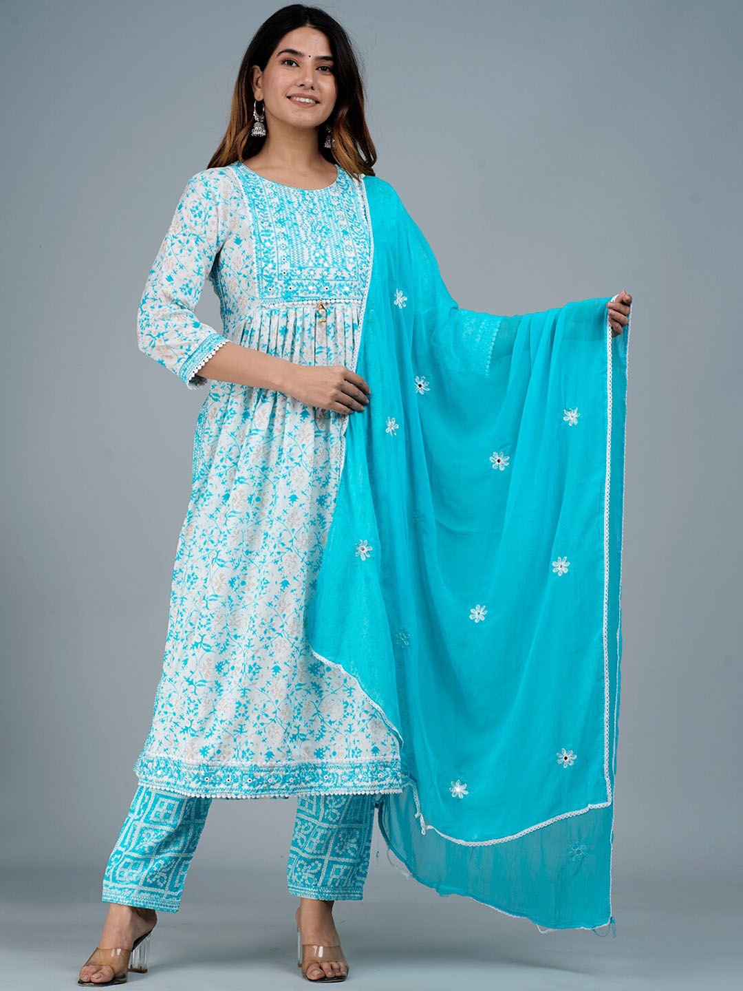 

KALINI Floral Printed Mirror Work Kurta With Trousers & Dupatta, White