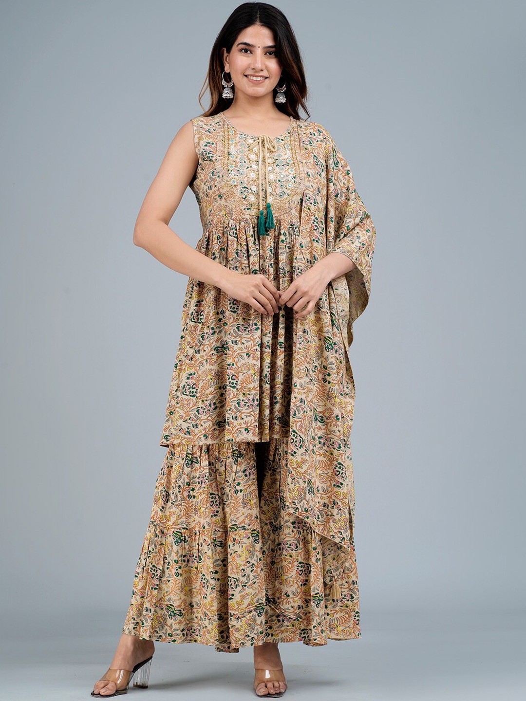 

KALINI Floral Printed Empire Mirror Work Kurta with Sharara & Dupatta, Beige