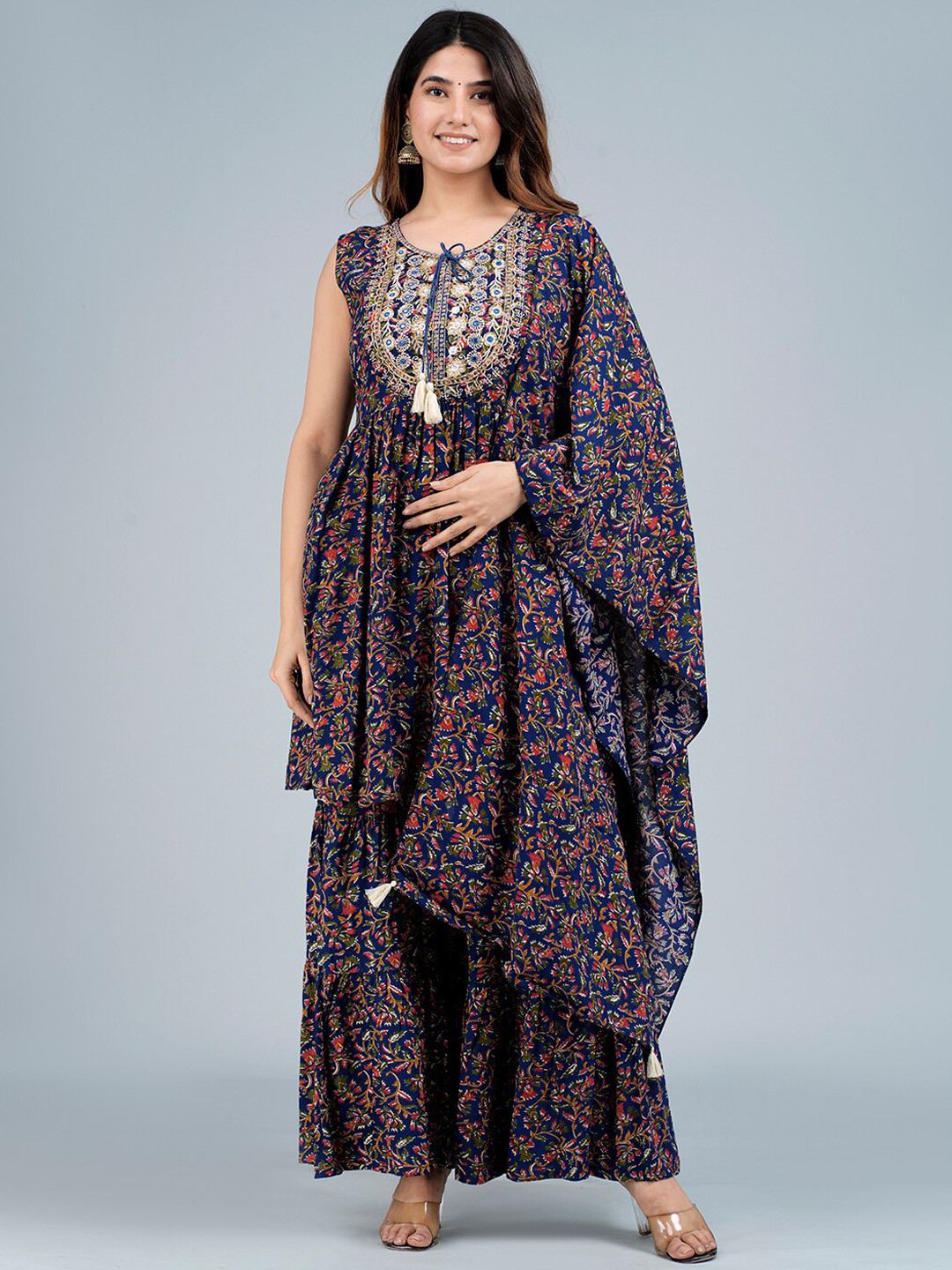 

KALINI Tie-Up Neck Ethnic Motifs Printed Thread Work A-Line Kurta With Sharara & Dupatta, Navy blue