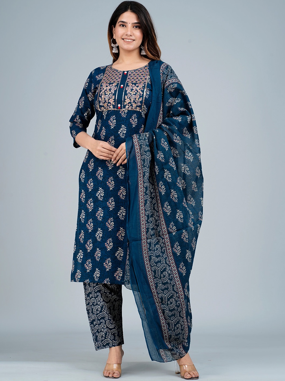 

KALINI Floral Printed Thread work Kurta with Trousers & Dupatta, Navy blue