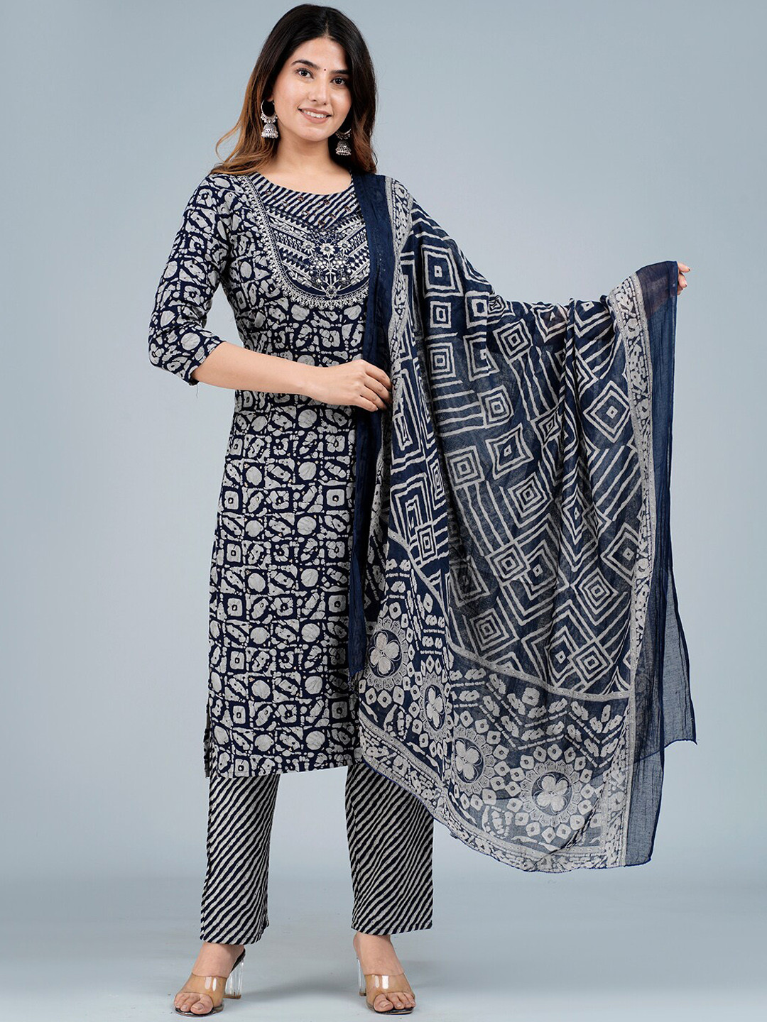 

KALINI Ethnic Motifs Printed Mirror Work Kurta with Trousers & Dupatta, Navy blue