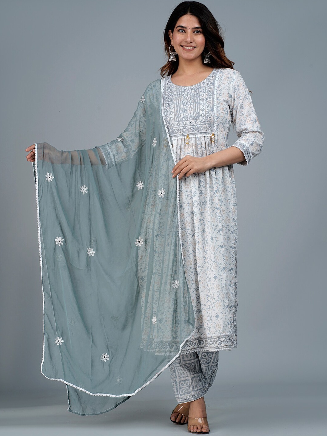 

KALINI Floral Printed Mirror Work Kurta With Trousers & Dupatta, White
