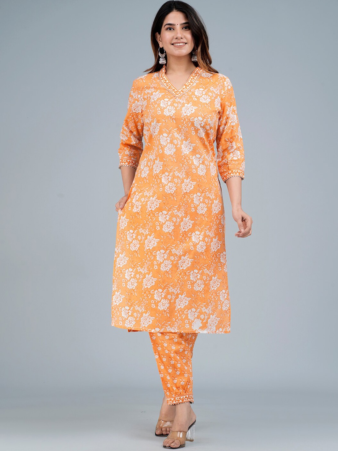 

KALINI Floral Printed Gotta Patti Pure Cotton Kurta With Trousers, Orange