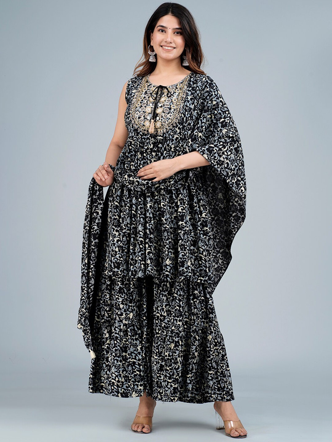 

KALINI Floral Printed Mirror Work Kurta with Trousers & Dupatta, Black
