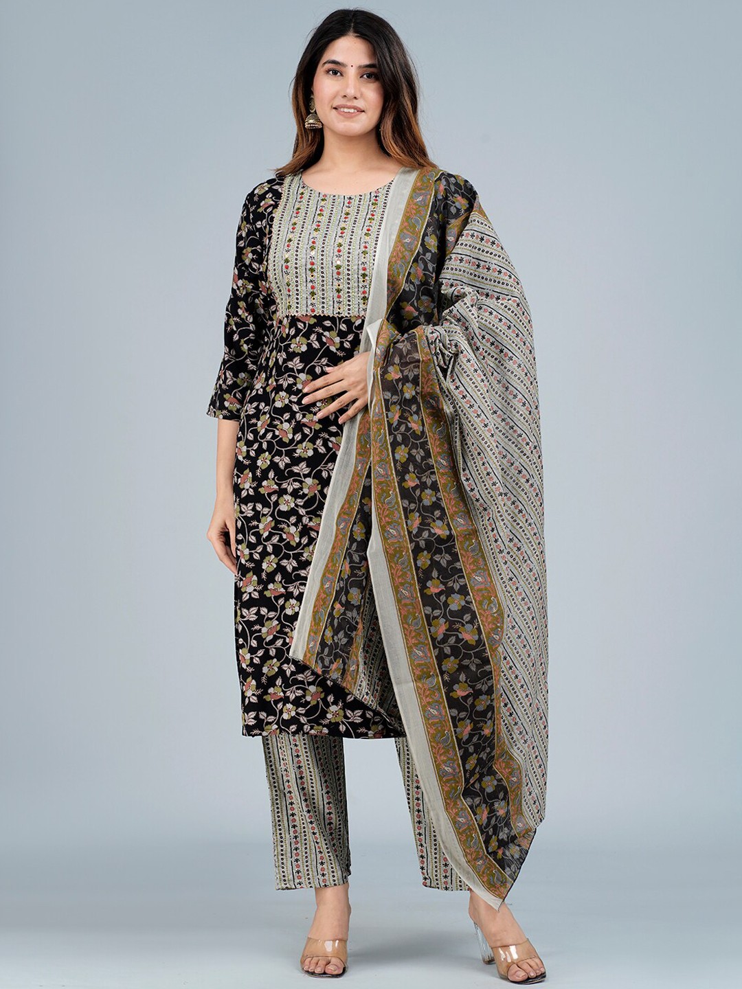 

KALINI Floral printed Embroidered Mirror Work Kurta With Trousers & Dupatta, Black