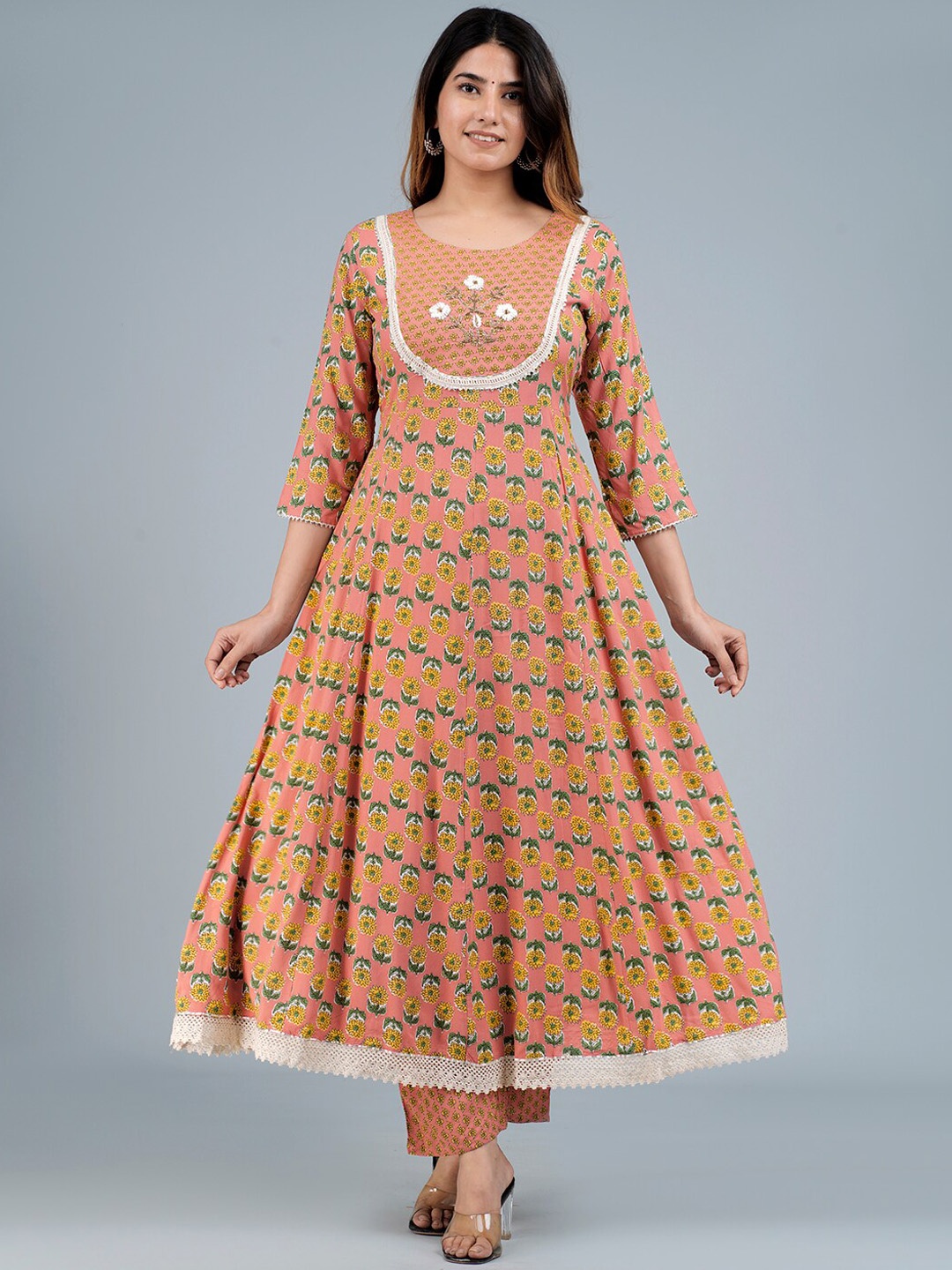 

KALINI Round Neck Floral Printed Thread Work Anarkali Kurta With Trousers & Dupatta, Peach