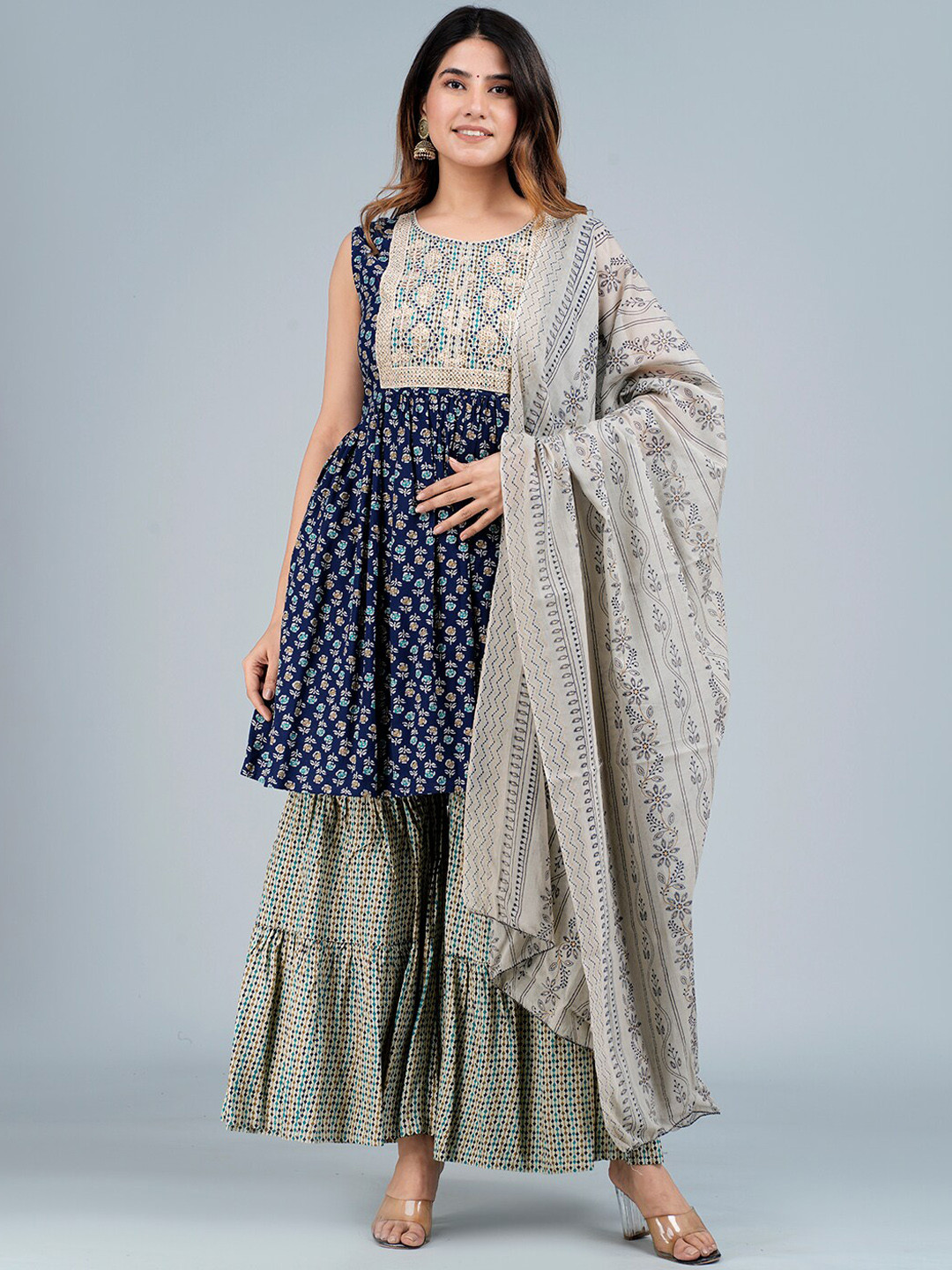 

KALINI Floral Printed Sleeveless Thread Work Empire Kurta with Sharara & Dupatta, Navy blue