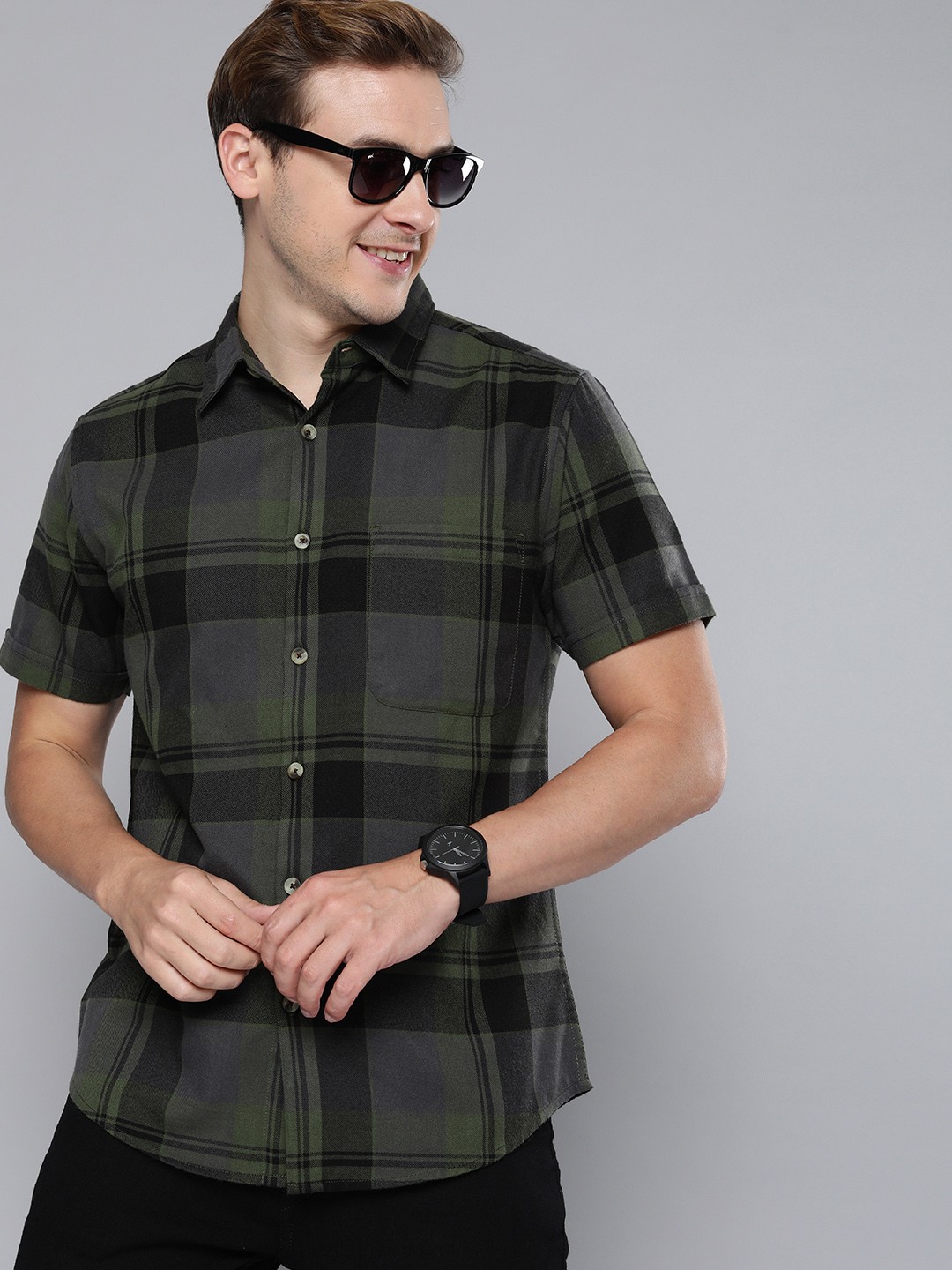 

HERE&NOW Checked Casual Shirt, Olive