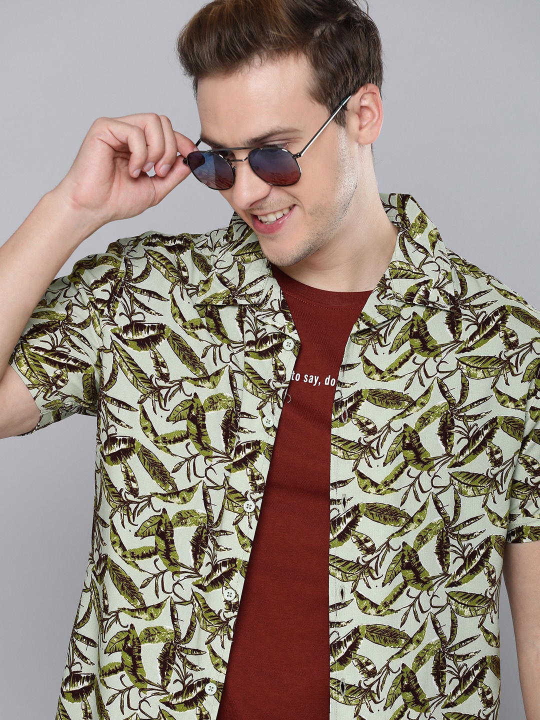 

HERE&NOW Slim Fit Floral Printed Casual Shirt, Olive