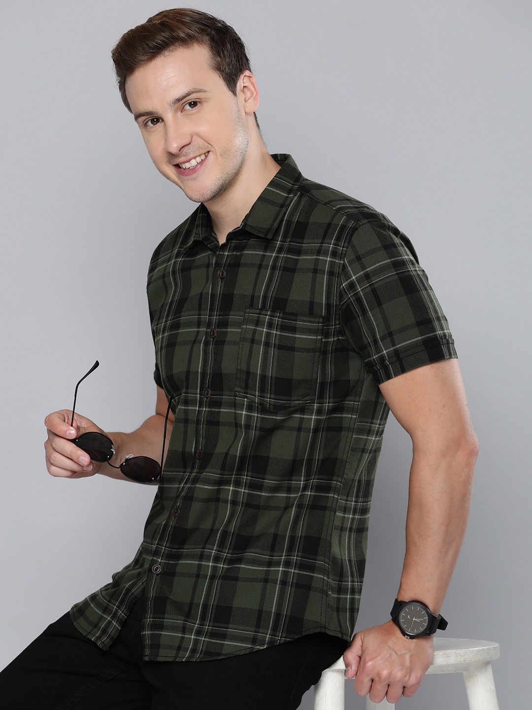 

HERE&NOW Slim Fit Checked Casual Shirt, Olive