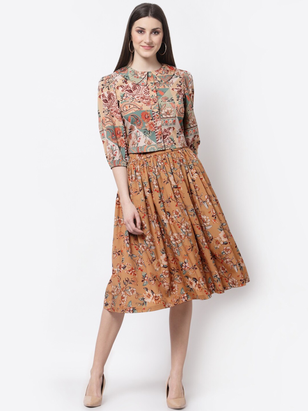 

BLANC9 Women Ethnic Motifs Printed Top and Skirt Co-Ords, Mustard