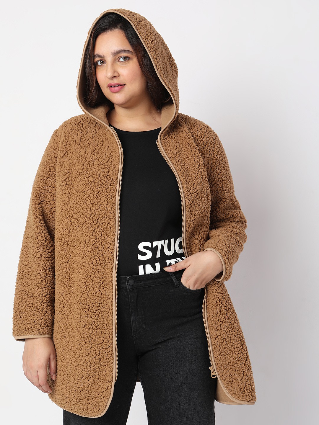 

VERO MODA CURVE Self Design Faux Fur Trim Longline Tailored Jacket, Brown