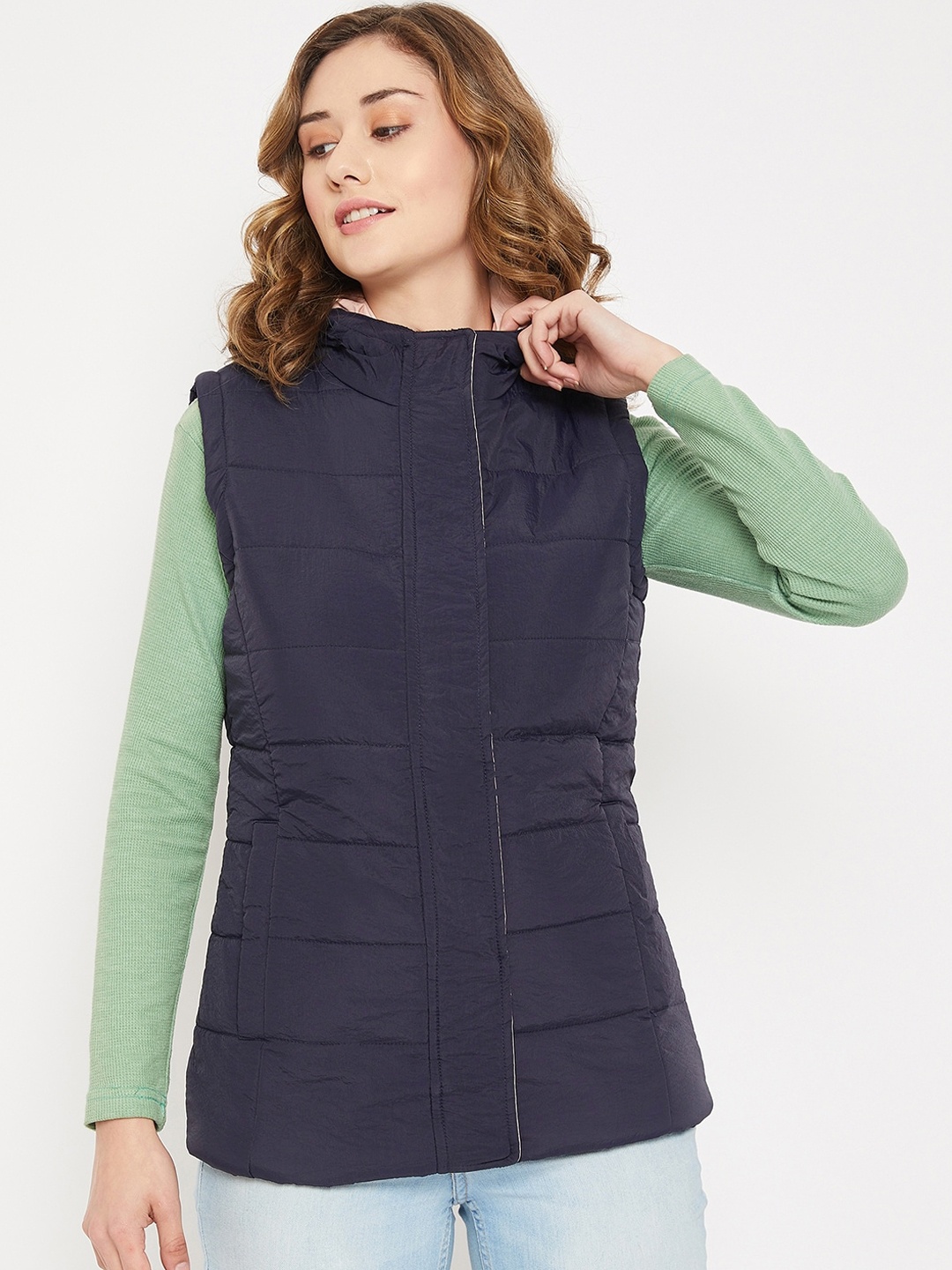 

Cantabil Women Lightweight Longline Sleeveless Hooded Padded Jacket, Navy blue