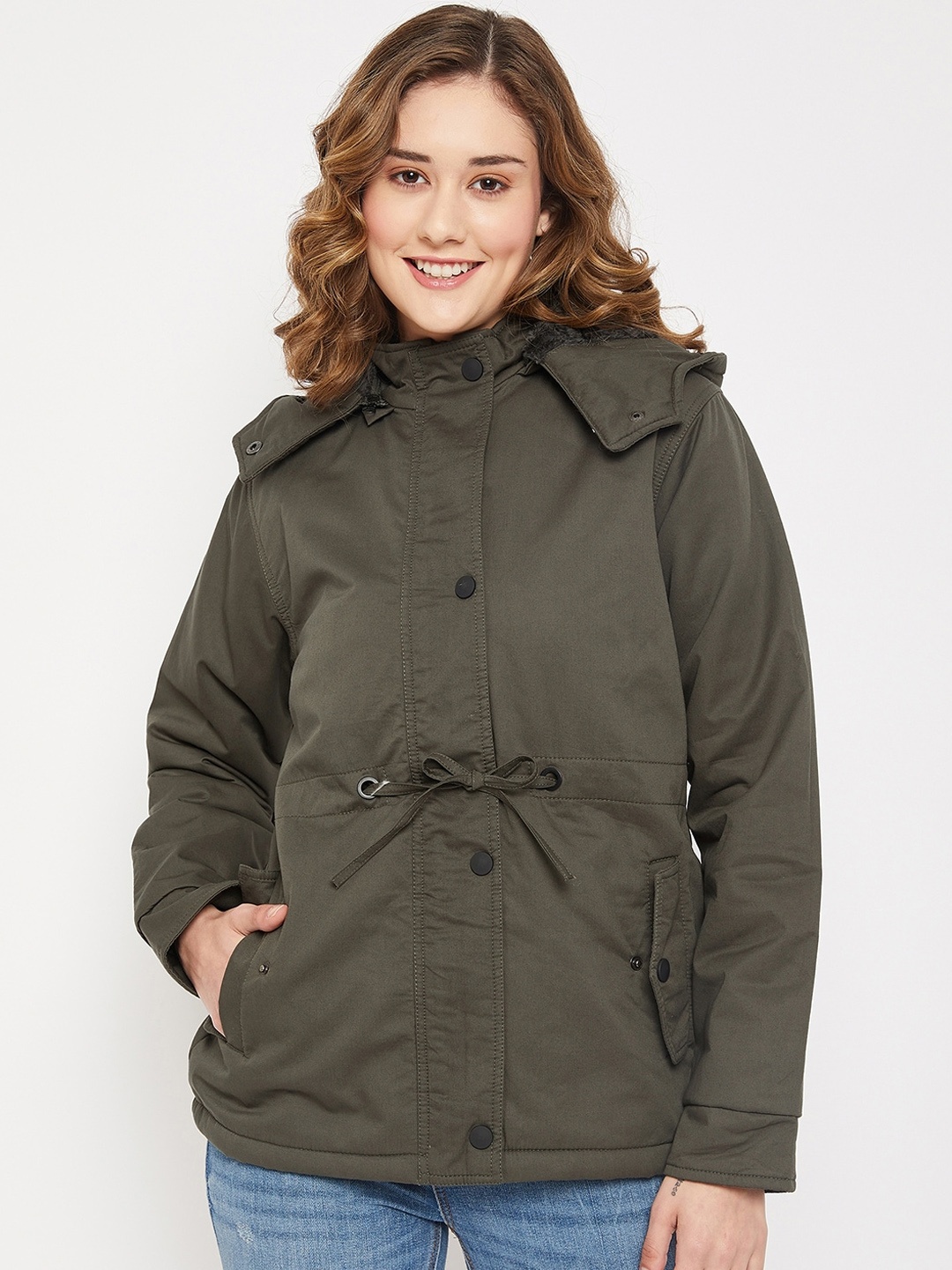 

Cantabil Lightweight Faux Fur Trim Hooded Padded Jacket, Olive