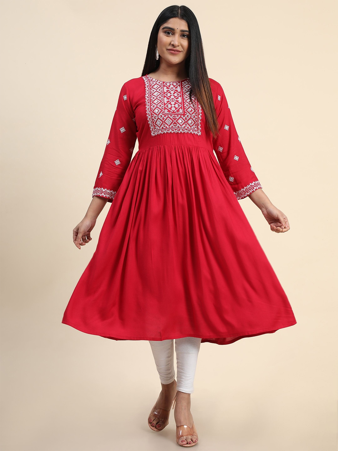 

KALINI Ethnic Motifs Embroidered Thread Work Anarkali Kurta, Red