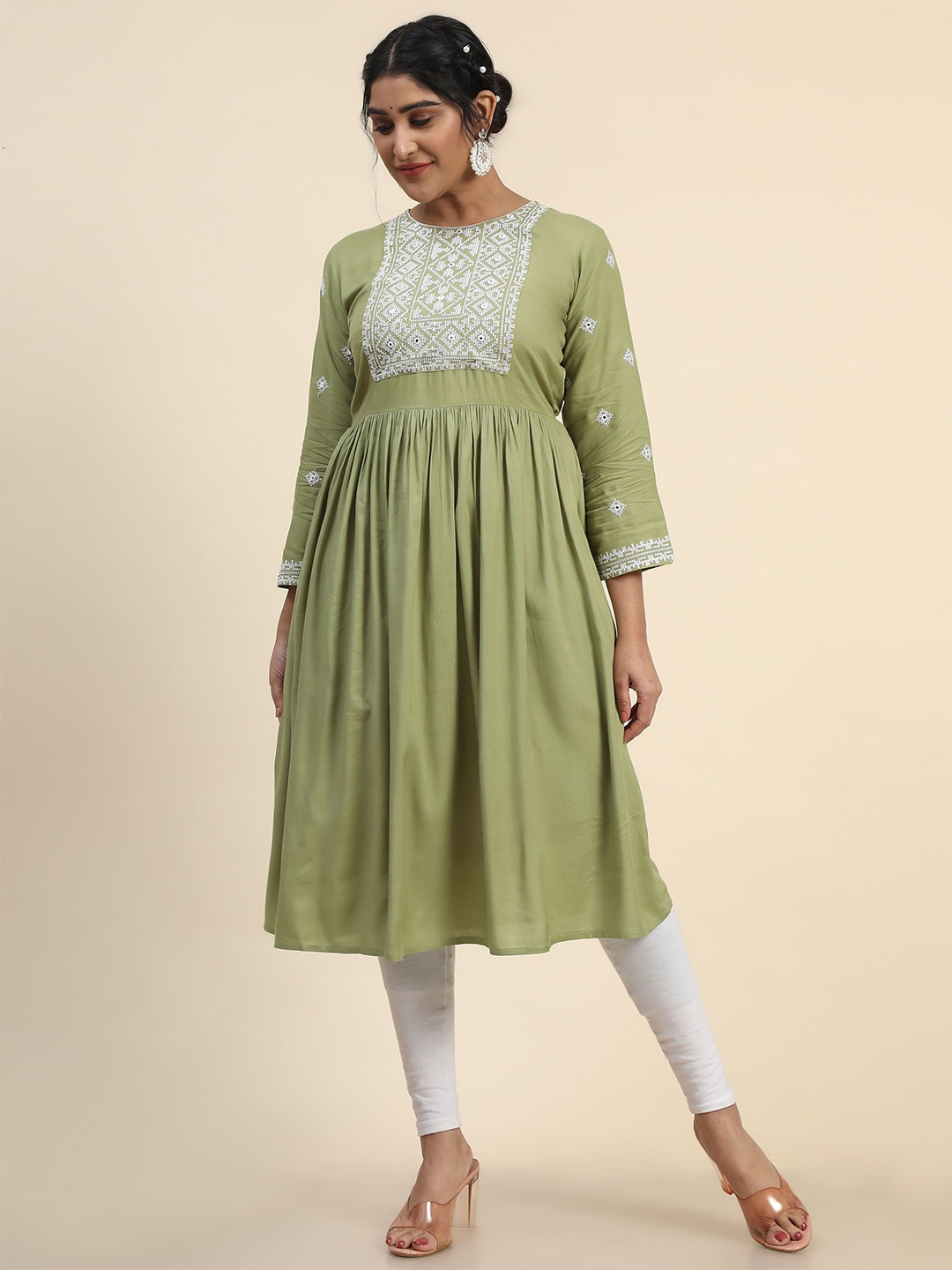 

KALINI Ethnic Motifs Embroidered Thread Work Anarkali Kurta, Sea green