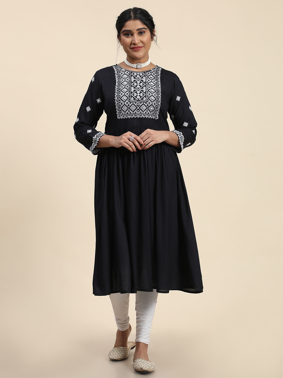 

KALINI Ethnic Motifs Yoke Design Mirror Work Pleated Anarkali Kurta, Black