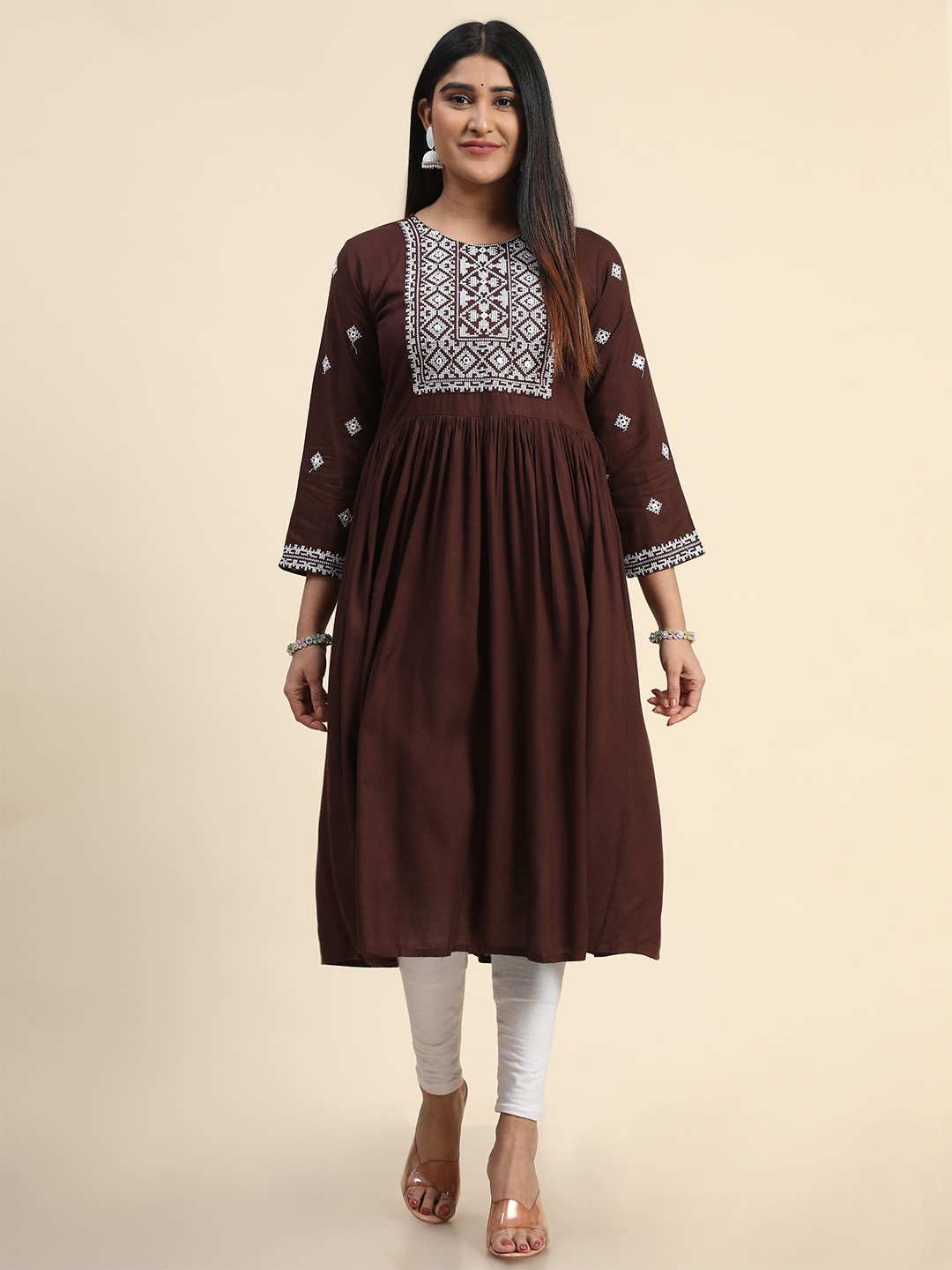 

KALINI Geometric Yoke Design Thread Work Pleated Anarkali Kurta, Brown