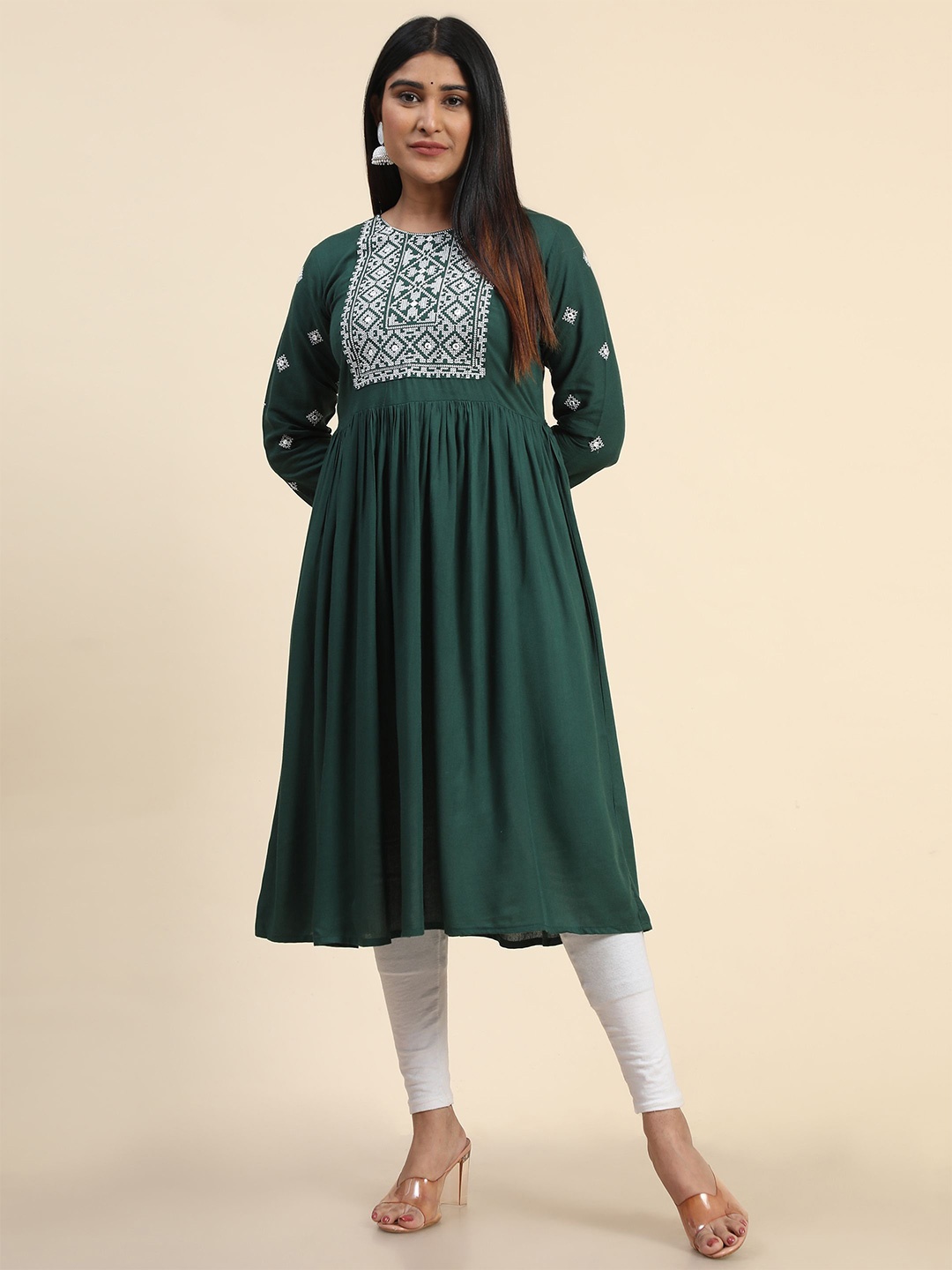 

KALINI Geometric Embroidered Mirror Work Anarkali Kurta, Green