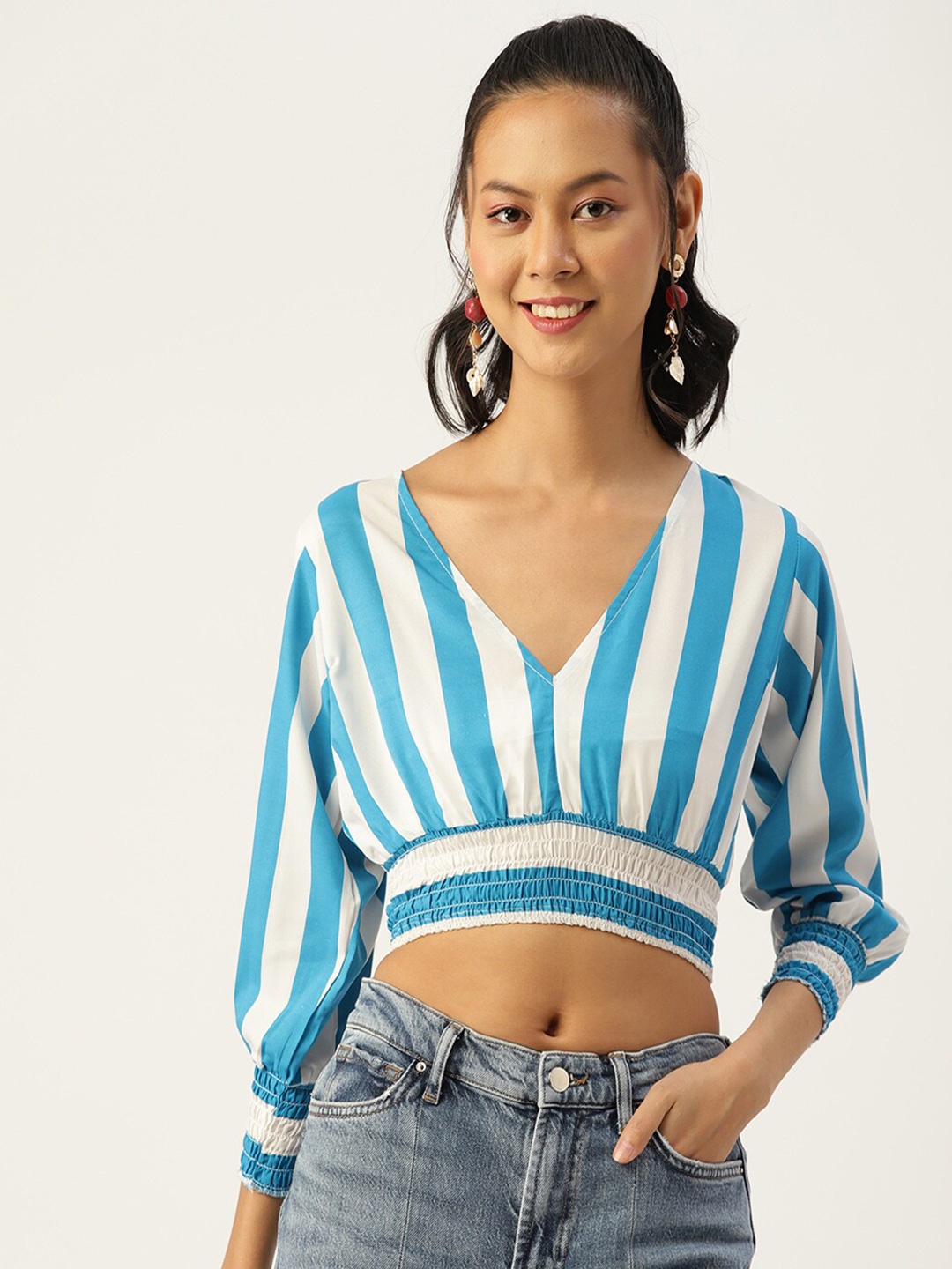 

Sleek Italia Striped Crepe Blouson Crop Top, Blue