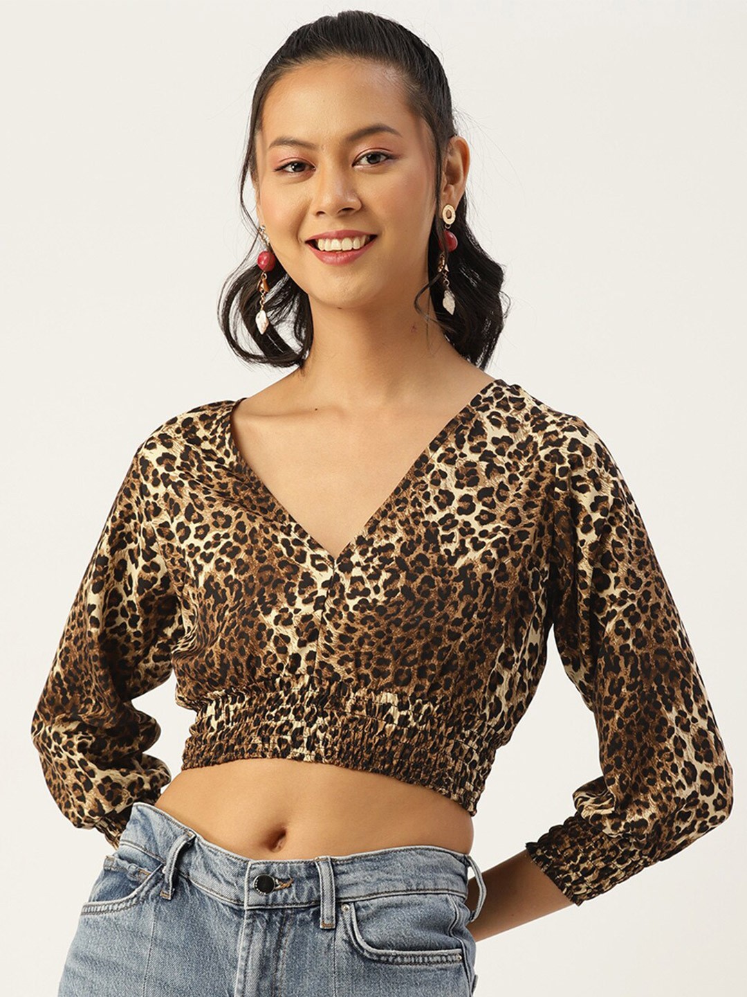 

Sleek Italia Animal Printed Crepe Crop Top, Brown