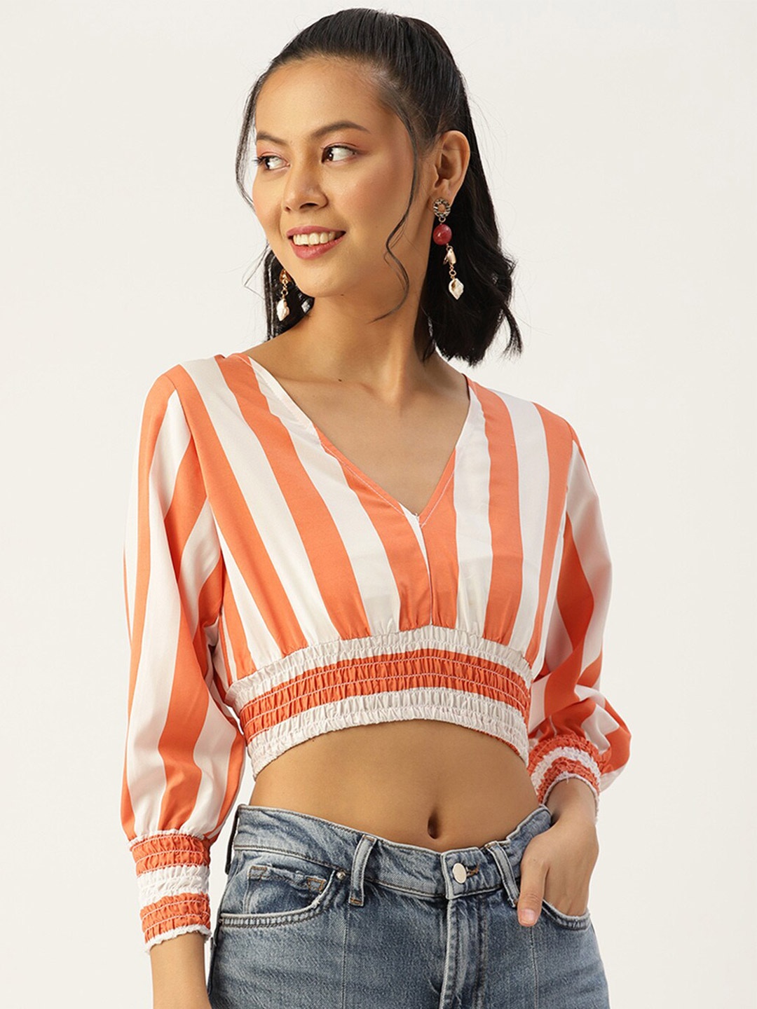 

Sleek Italia Vertical Striped V-Neck Smocked Crop Top, Orange