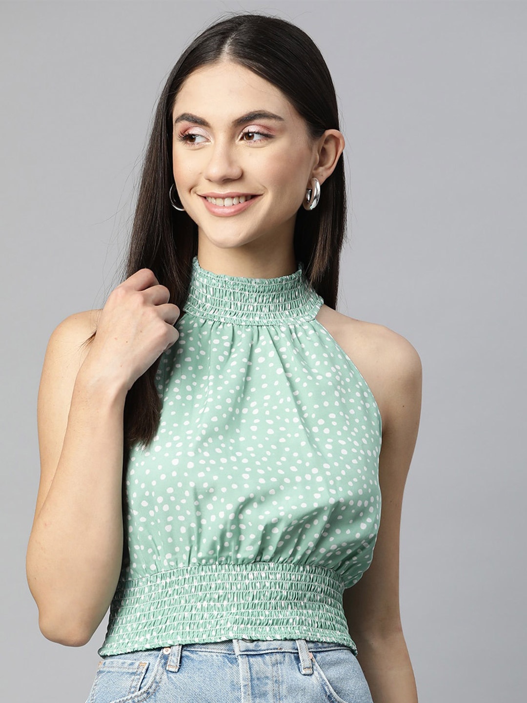 

Sleek Italia Polka Dots Printed Smocked Crop Top, Green