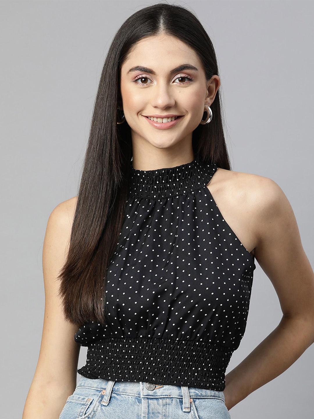 

Sleek Italia Polka Dots Printed Crepe Top, Black