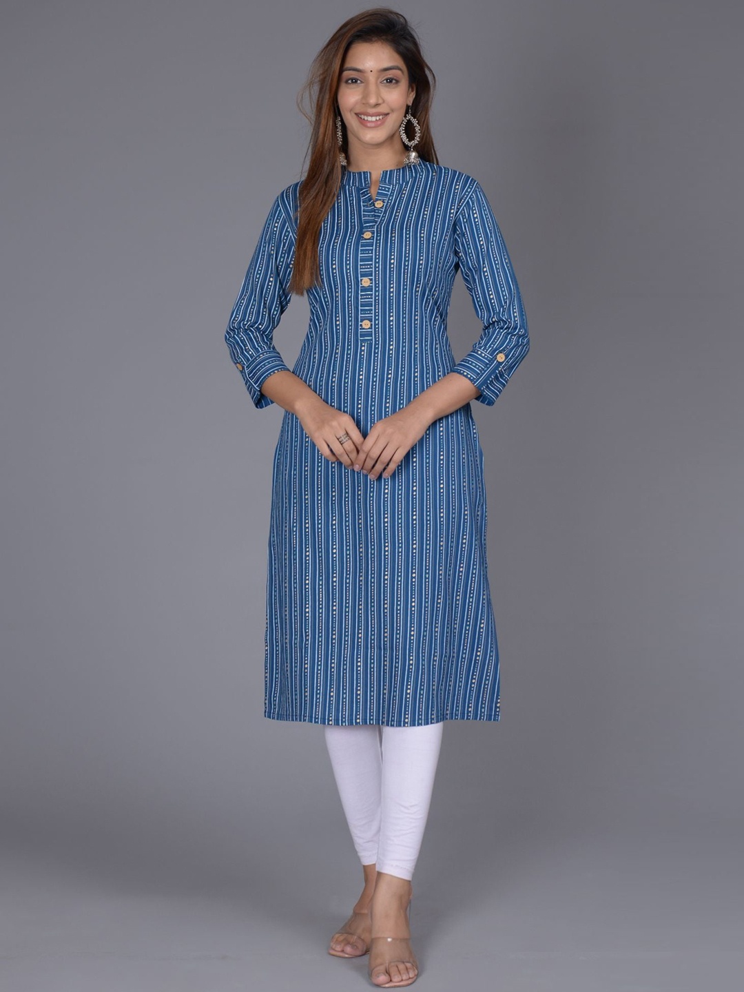 

FABISTA Striped Band Collar Kurta, Blue