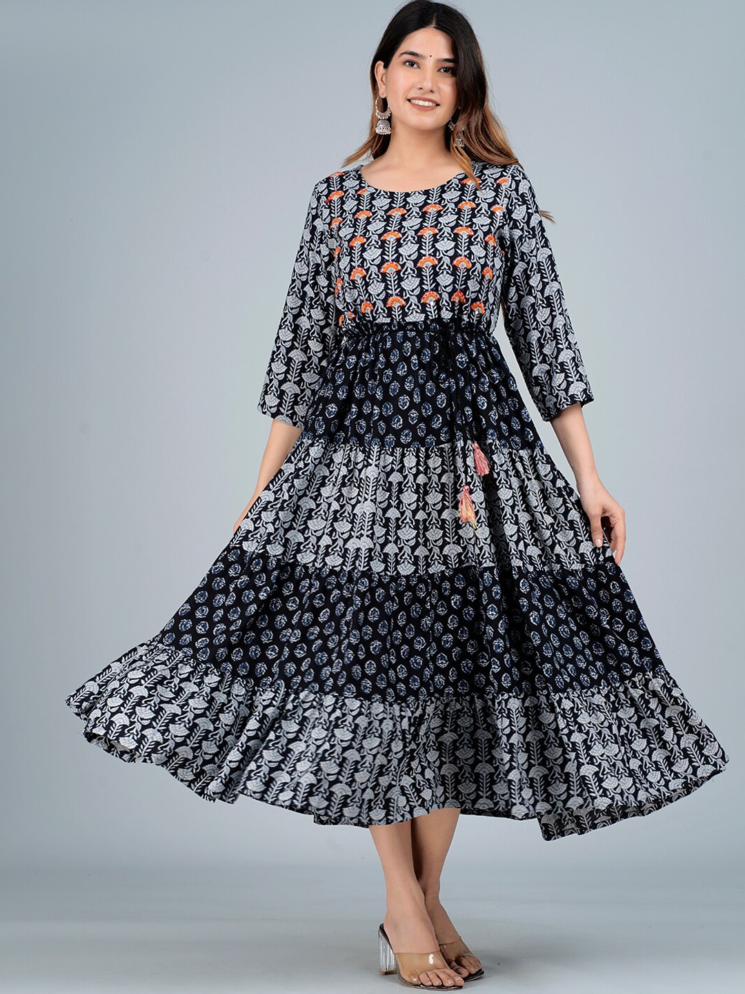 

KALINI Floral Printed Round Neck Ethnic Dress, Black