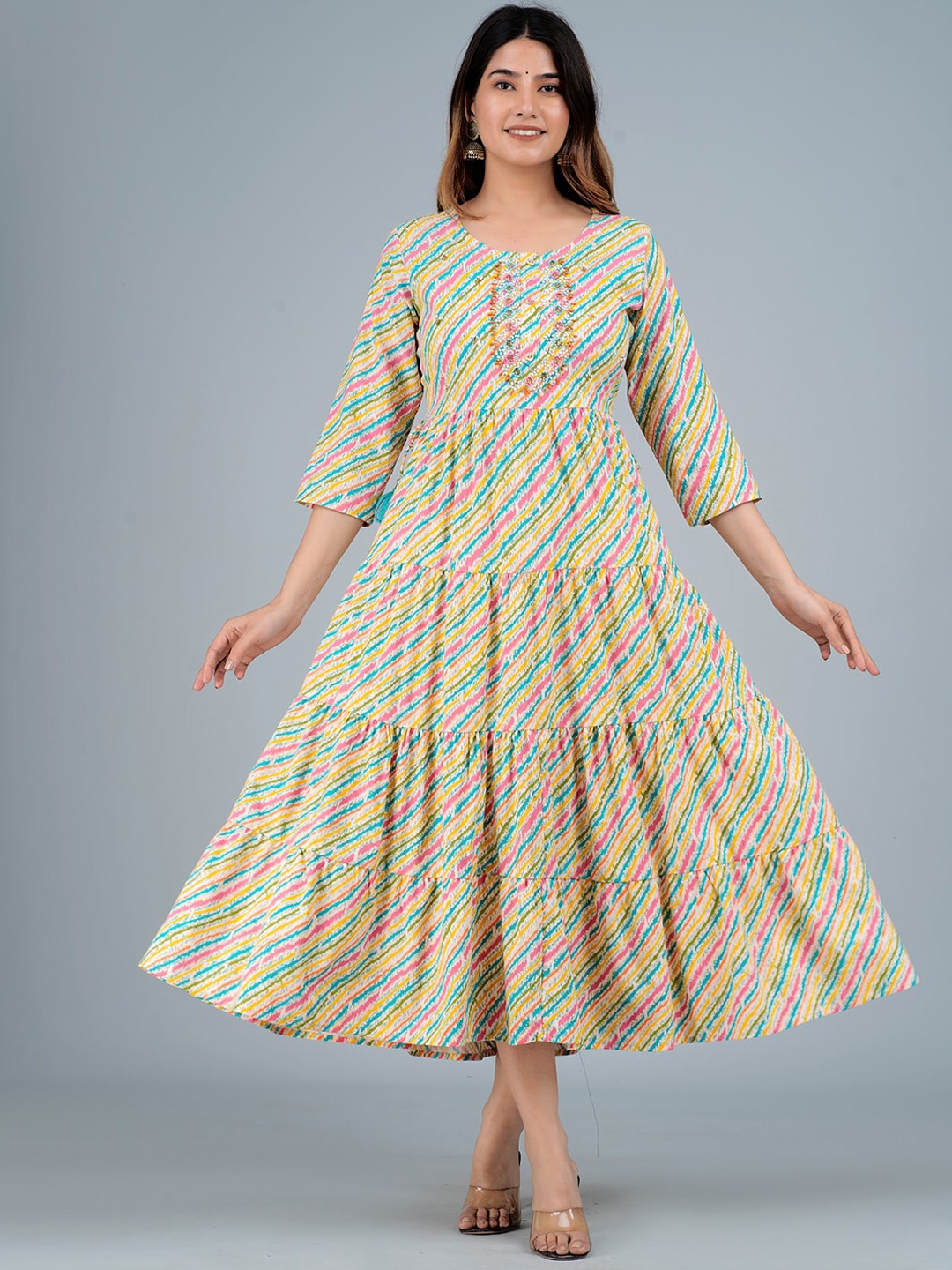 

KALINI Striped Round Neck Ethnic Dress, Yellow