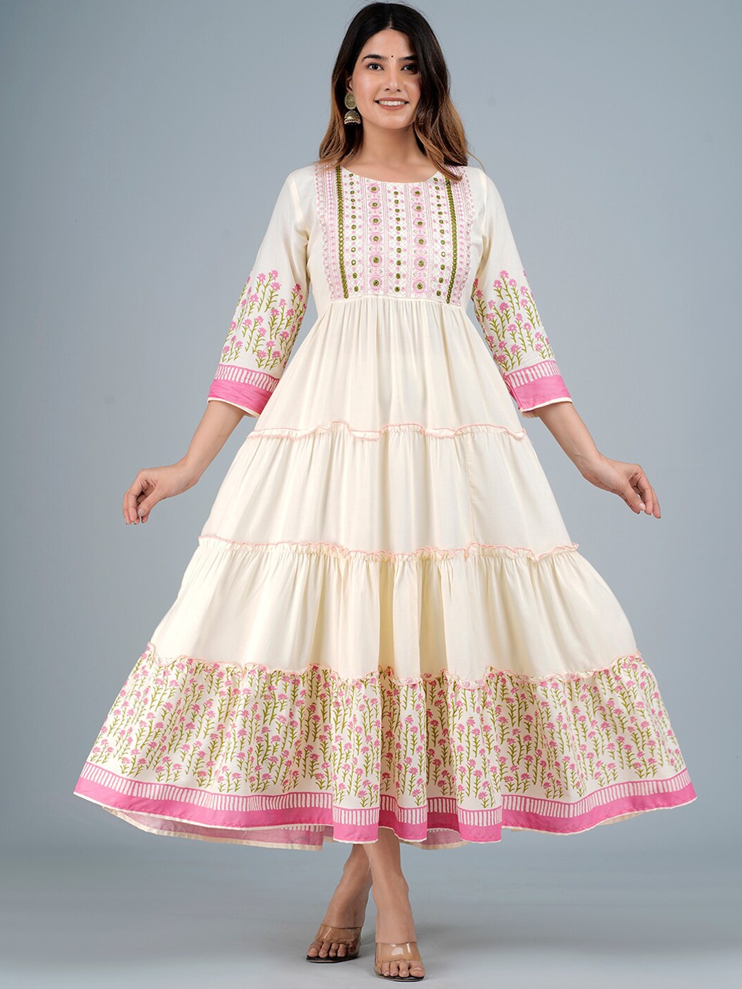 

KALINI Ethnic Motifs Embroidered Ethnic Dress, Off white