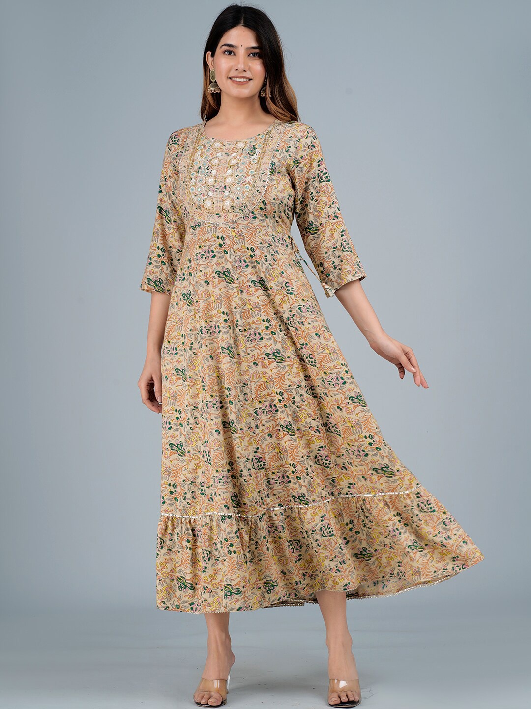 

KALINI Floral Printed Embroidered Ethnic Dress, Beige