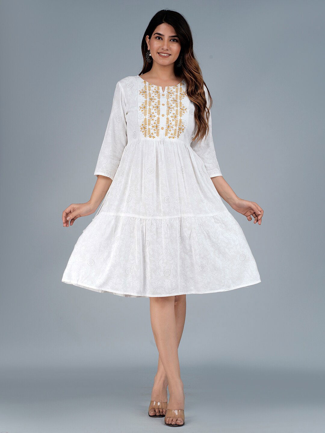 

KALINI Floral Printed Embroidered Notch Neck A-Line Dress, White