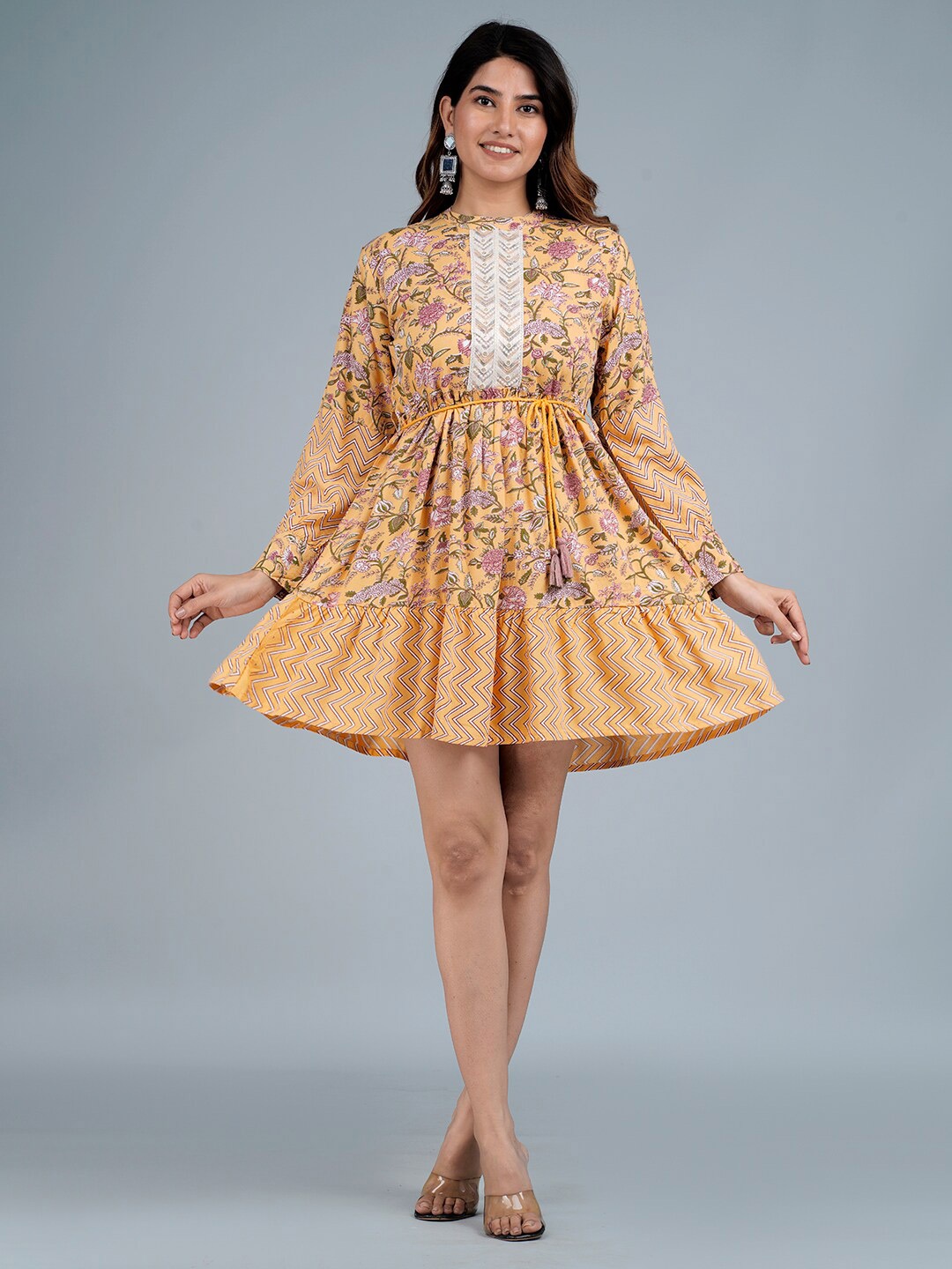 

KALINI Tie-Up Flounce Hem Cuffed Sleeves Floral Printed Fit & Flare Dress, Yellow