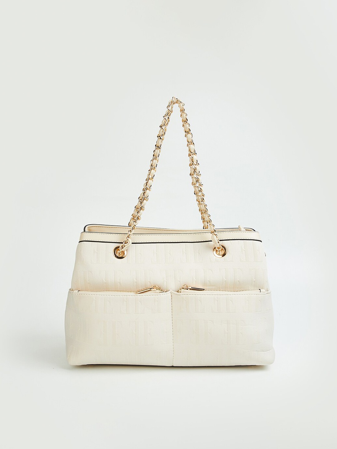 

ELLE Two Handles Zip Closure Textured Structured Handheld Bag, Cream