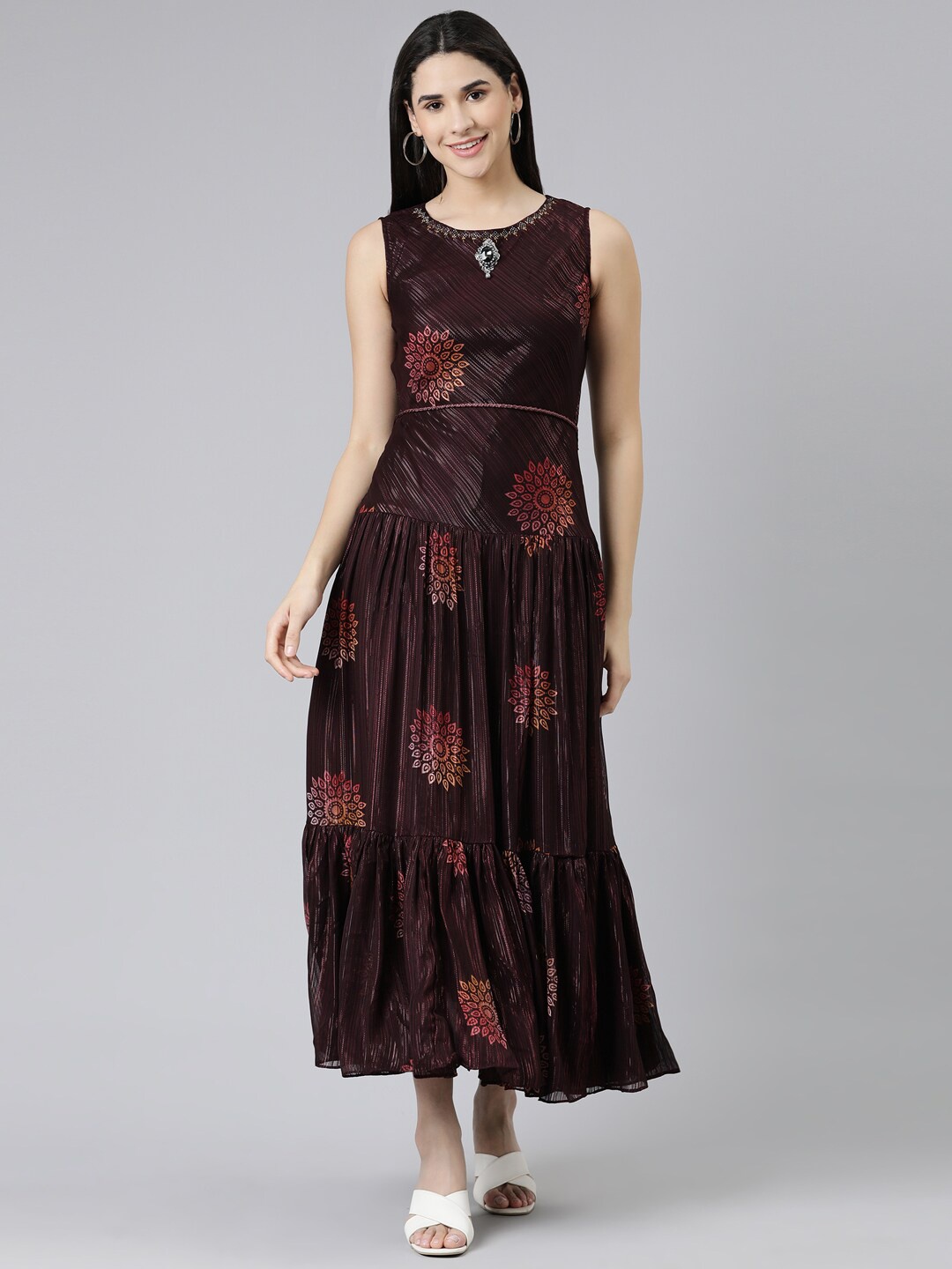 

Neerus Maroon Floral Georgette Maxi Dress
