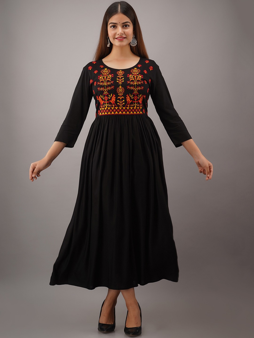 

Women Touch Ethnic Motif Embroidered Midi Fit And Flare Ethnic Dress, Black
