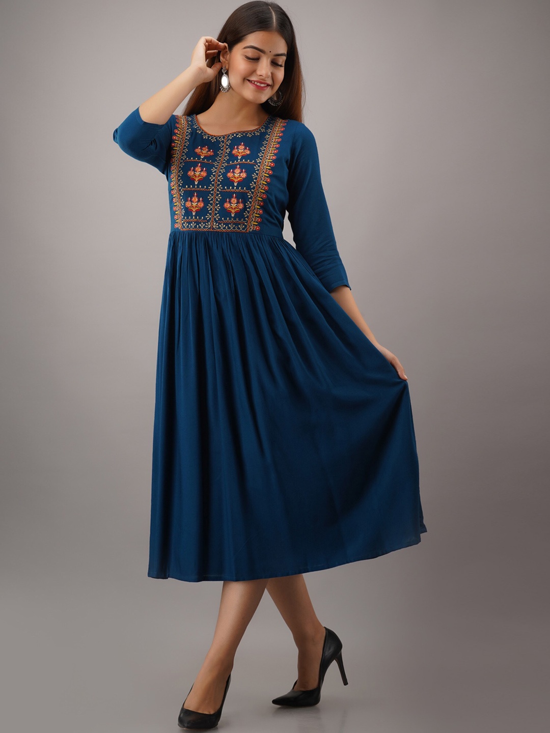 

Women Touch Ethic Motif Embroidered Maxi Fit And Flare Ethnic Dress, Blue