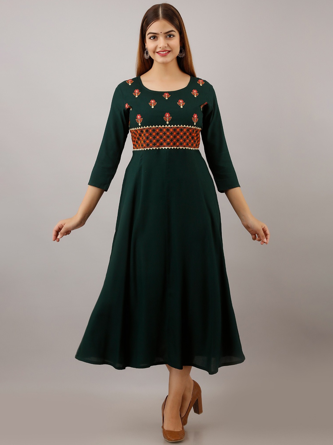 

Women Touch Ethnic Motif Embroidered Maxi Fit And Flare Ethnic Dress, Green