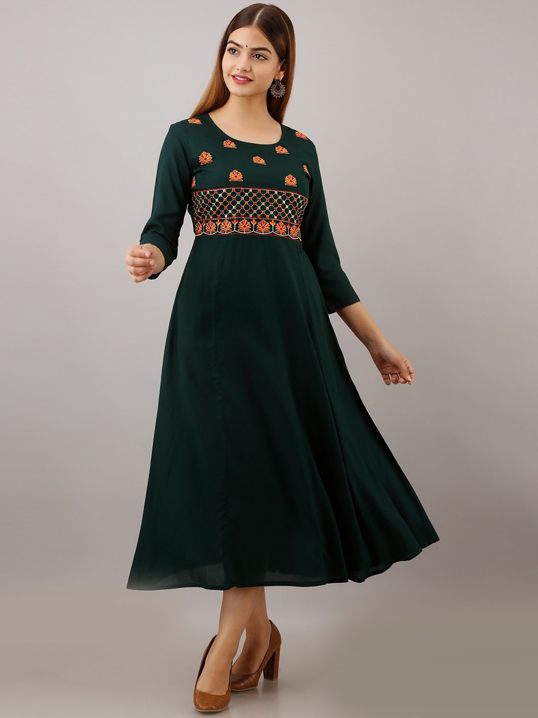 Women Touch Yoke Design Embroidered A-Line Kurta, Green