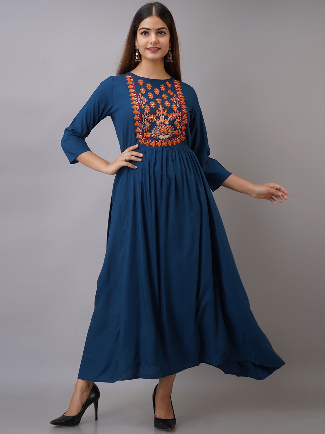 

Women Touch Floral Embroidered Maxi Fit And Flare Ethnic Dress, Blue