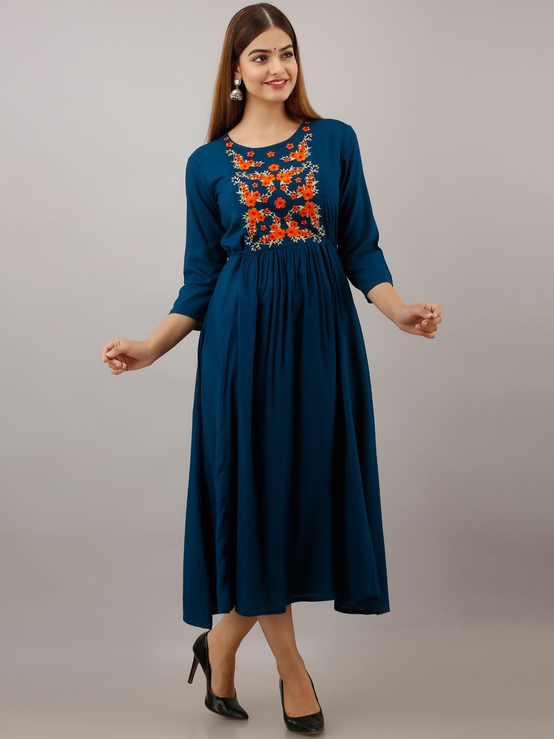 

Women Touch Floral Embroidered Midi Fit And Flare Ethnic Dress, Blue