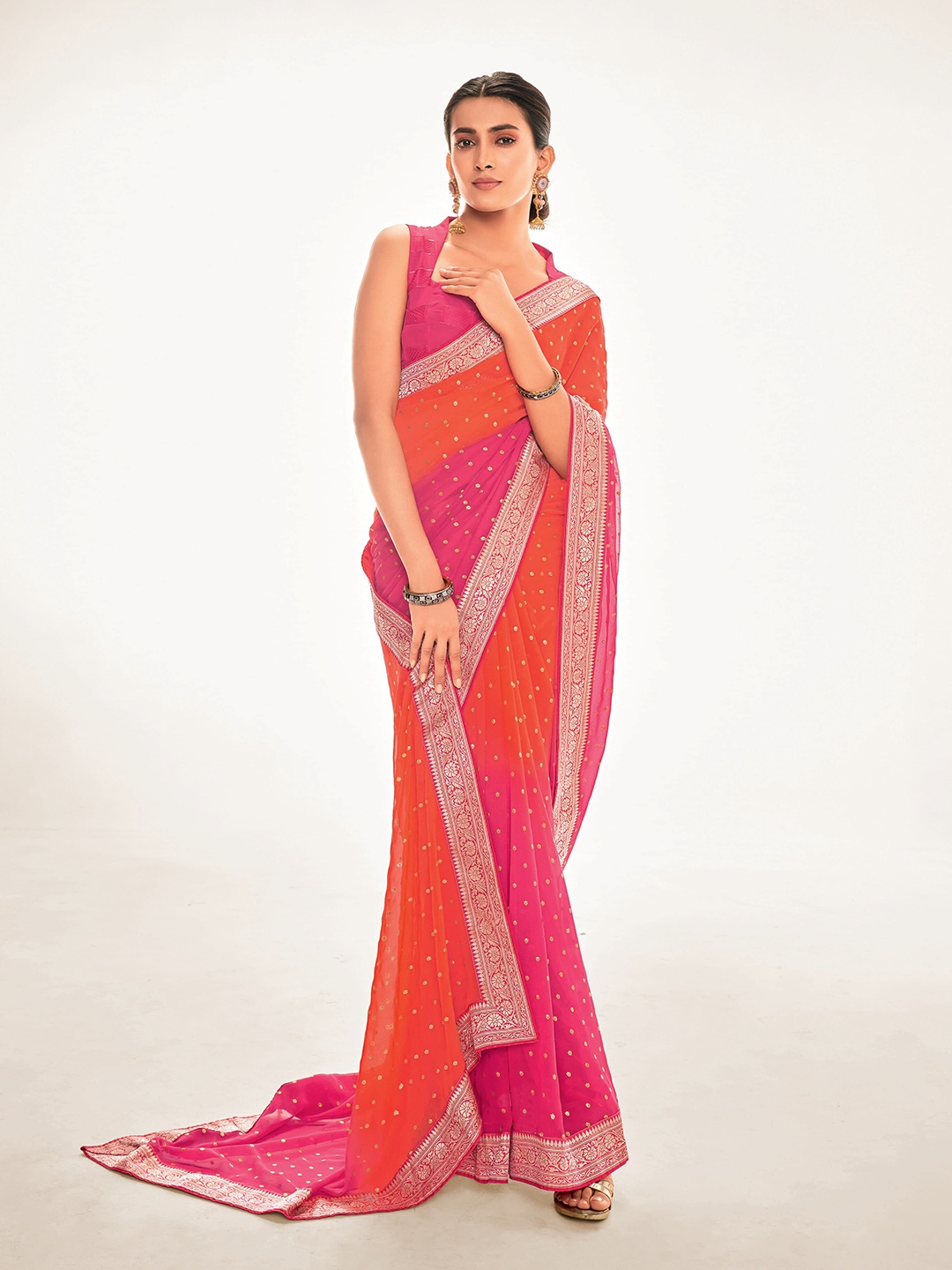 

elora Pink & Orange Woven Design Zari Pure Georgette Banarasi Saree